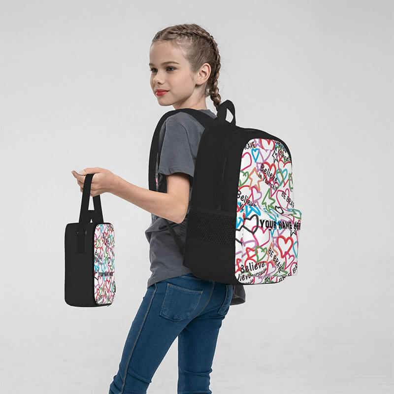 Customized motivational girls heart-shaped school bag set of three