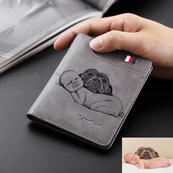 Personalized Photo Men's Gray Leather Wallet
