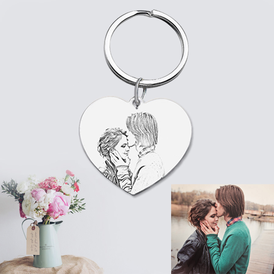 Personalized Photo Heart Keychain Silver