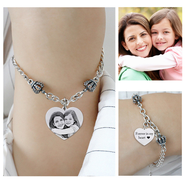 Personalized Heart-Shaped Crown Photo Bracelet With Birthstone