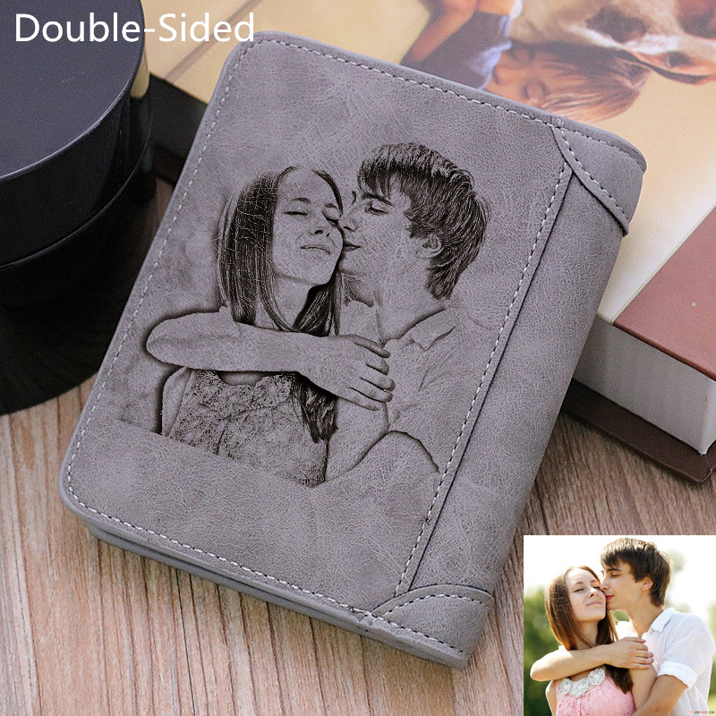 Personalized Double-Sided Photo Leather Men's Short Wallet - Gray