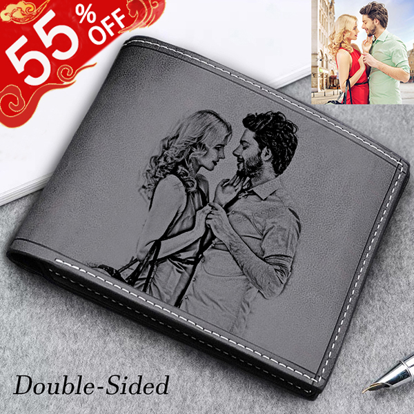 Personalized Double-Side Photo Genuine Leather Men's Wallet - Black
