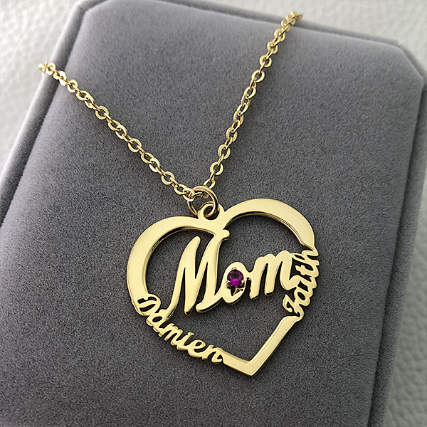 "Mom" style heart-shaped necklaces with birthstones