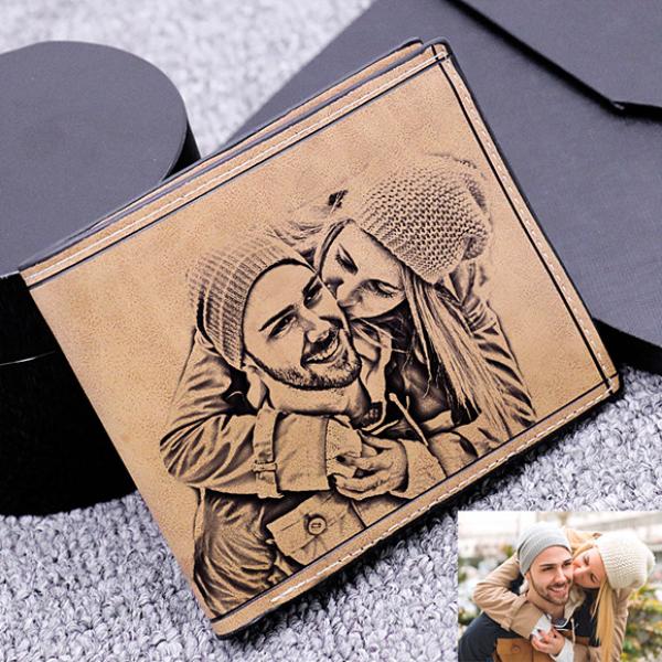 Personalized Photo Genuine Leather Men's Wallet - Light Brown