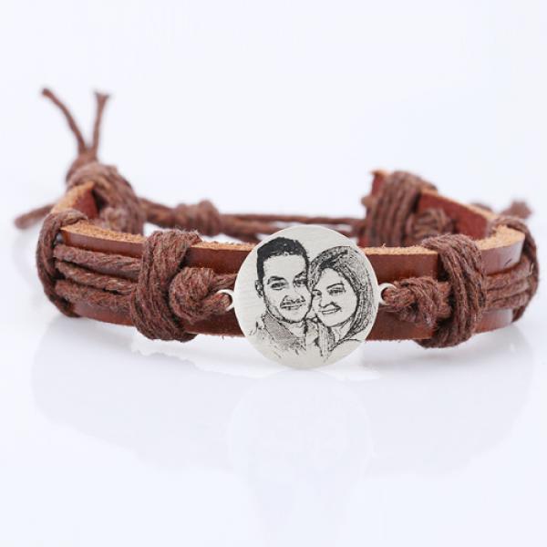 Personalized Photo Leather Bracelet In Silver