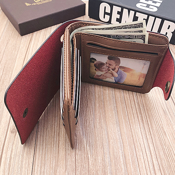 Personalized Photo Leather Men Zipper Short wallet-Dark Brown