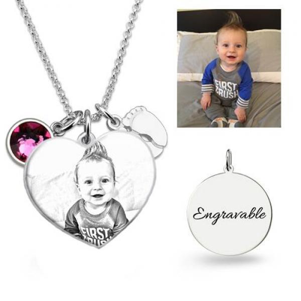 Birthstone Photo Heart Necklace Silver with Baby Feet