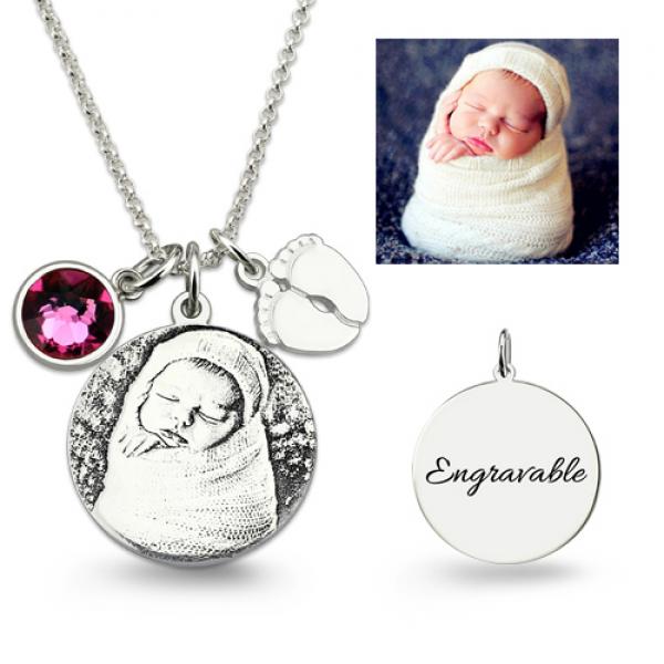 Birthstone Photo Necklace Silver with Baby Feet